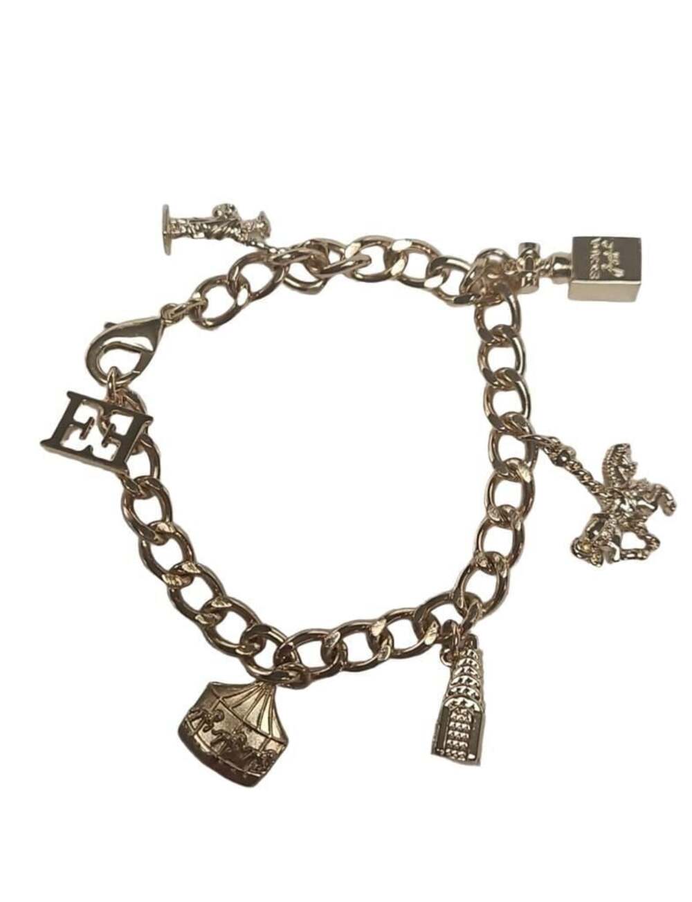 Vintage Escada Gold-Tone Charm Bracelet with Travel Themed Charms
